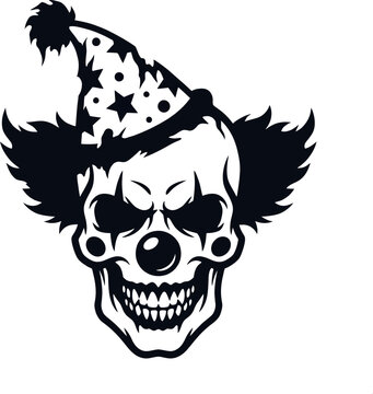 Creepy clown skull, evil jester face, black vector graphic, Halloween icon, white background