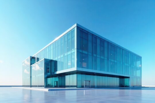 A modern glass building with a stunning clear blue sky background, showcasing sleek architecture and futuristic design , corporate, background