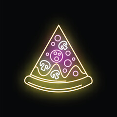 Fototapeta premium Pizza slice neon sign glowing with colorful light, symbolizing fast food and nightlife