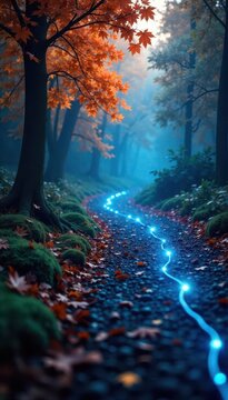 An abstract network visualization in blue tones against a serene fall setting, minimalist and modern , nature , design