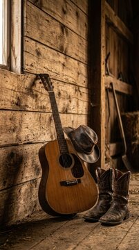 Rustic Country Music Scene with Acoustic Guitar, Cowboy Hat, and Boots.