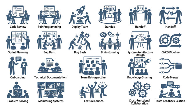 Agile Development Icons: Teamwork, Planning, Coding, Launch, Collaboration & Workflow