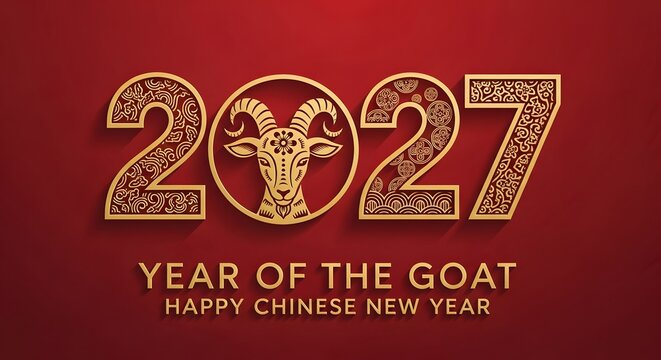 2027 chinese new year greeting card with gold goat zodiac symbol on a red background
