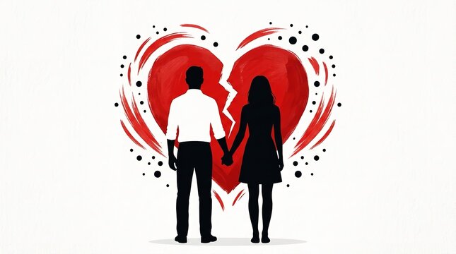 Silhouette of a young couple standing together holding hands in front of a large painted red broken heart symbol representing relationship troubles and emotional separation