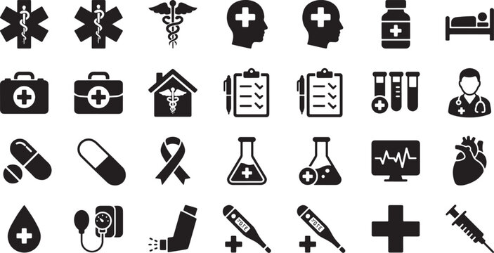 Medical Healthcare Solid Icons Set - Hospital Vector Symbols