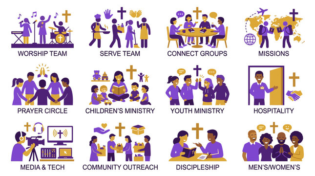 Christian Church Ministry Icons: Worship, Missions, Prayer, Outreach, Discipleship