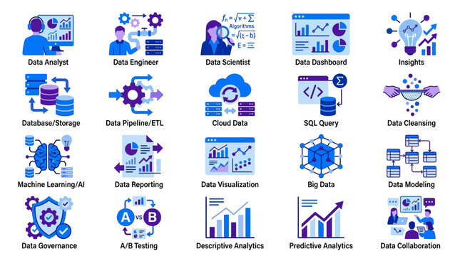 Data Science Icons Set: Analyst, Engineer, Scientist, Dashboard, Insights, Cloud