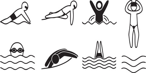 Obraz premium Swimming and water sports activity icons in black and white