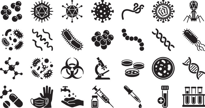 Virus Bacteria Microbiology Icons Set - Medical Lab Vector