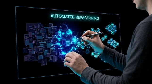 Software Developer Performing Automated Refactoring on Digital Interface.