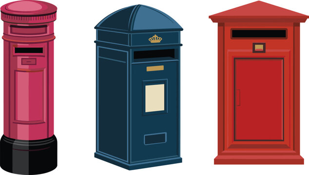 Vintage British mailbox vector illustration set featuring classic red pillar box traditional blue postbox royal mail delivery service icons on white background