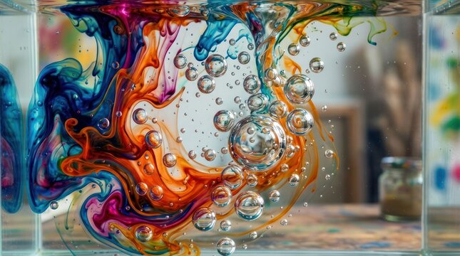 Vibrant Ink Swirls and Bubbles in Water Creating Abstract Art.