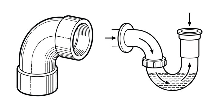 Technical sketch of plumbing elbow pipe fitting and water trap connector for drainage system.