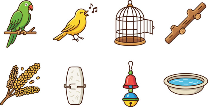 Collection of pet bird illustrations with parrot, canary, cage, perch, seeds, cuttlebone, toy, and water dish accessories
