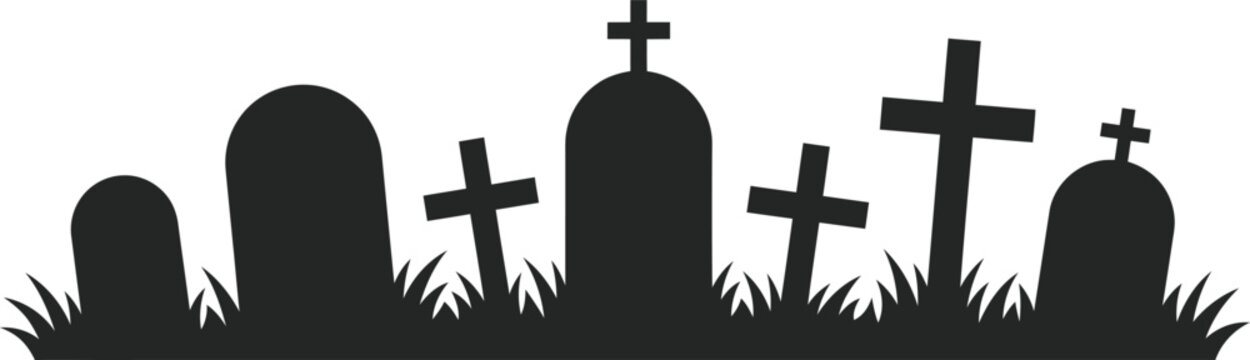 Black silhouettes of tombstones and crosses on white background