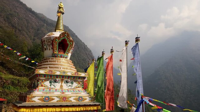Chomrong, Nepal, Himalayas, Annapurna, stupa, prayer flags, Buddhism, Buddhist, temple, shrine, monastery, spiritual, spirituality, religion, sacred, culture, tradition, village, mountain village