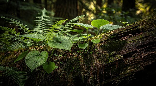 Lush green ferns and heart shaped leaves growing on a mossy fallen log in a dark forest.