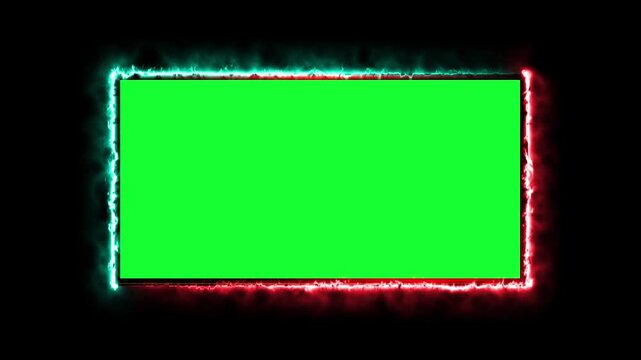 abstract glowing neon rectangle frame animation green screen 4k. Bright neon border frame effect isolated on green background. square two moving neon lights overlay 4K graphic animation video  
