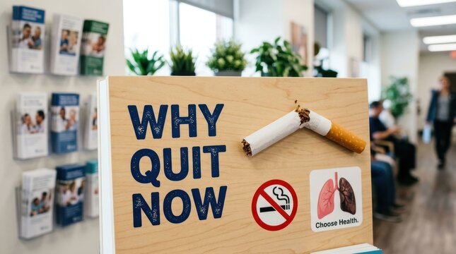 Why Quit Now sign with broken cigarette and lung diagram in a medical setting.