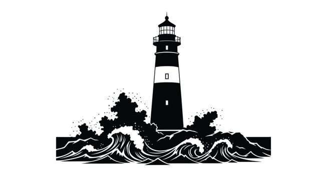 Black and white lighthouse on waves