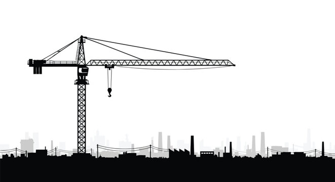 Black construction crane silhouette against city skyline