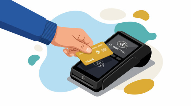 Hand Tapping Gold Credit Card on POS Terminal for Cashless Payment
