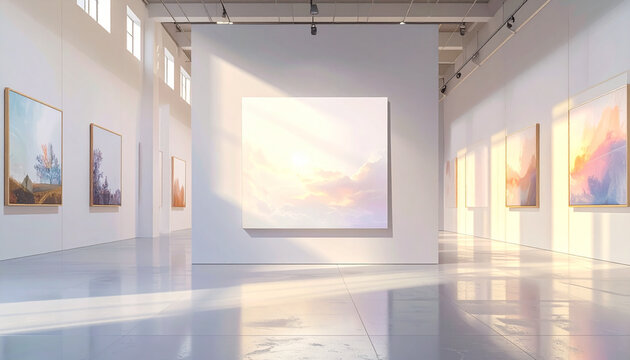 Modern art gallery with bright paintings and architectural interior