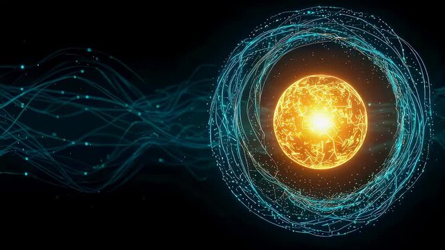 Abstract glowing sphere with quantum core and energy particles moving on dark background. Digital science and technology concept.