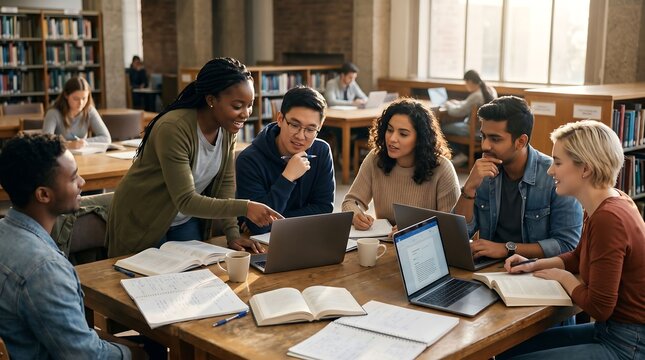 Diverse group of students collaborating on a project in a library setting with laptops and books back to school