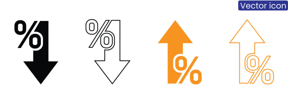 Vector icons of percentage signs with arrows on white background, suitable for business, finance, and statistics designs
