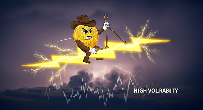 Cartoon character with angry face holding lightning.