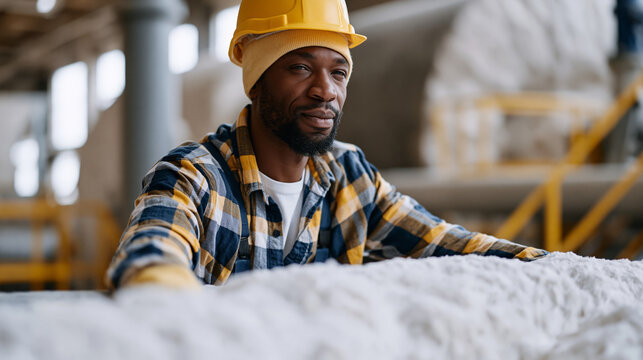 Paper mill pulp processing worker overseeing fiber slurry vat agitation system industrial production floor wet pulp manufacturing engineer cellulose processing plant