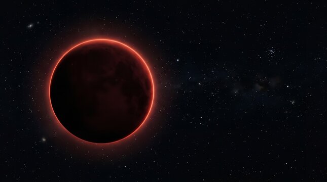 A glowing dark red planet floats in the deep black vastness of outer space surrounded by a dense field of distant white shimmering cosmic stars