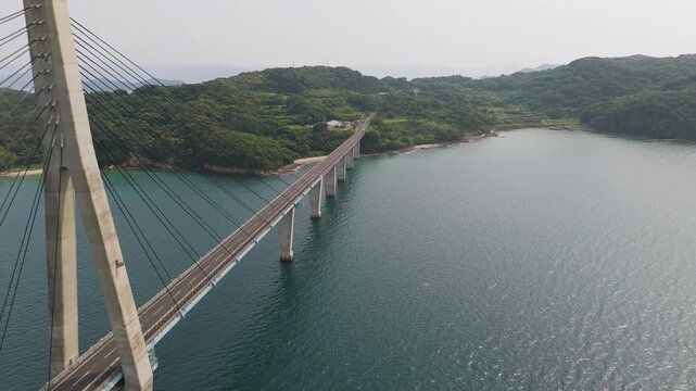 Cinematic Aerial of Takashima Bridge Connecting Takashima Island in Japan