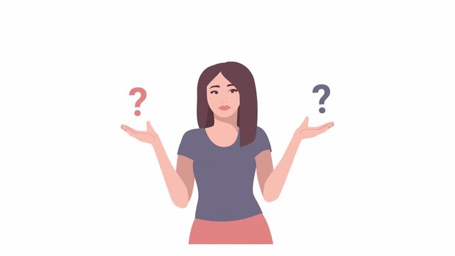 There is a pink and blue question mark above the woman 's hands , she looks from one to the other .