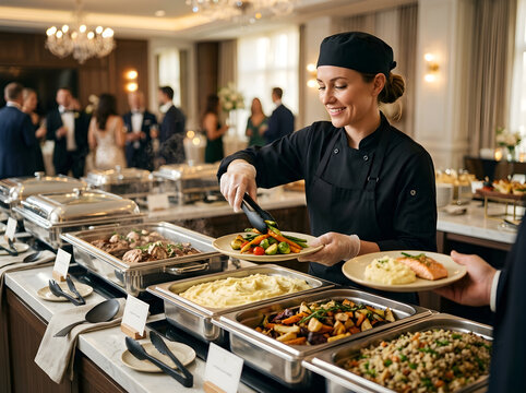 Professional female chef serving delicious food from a buffet at a formal banquet event