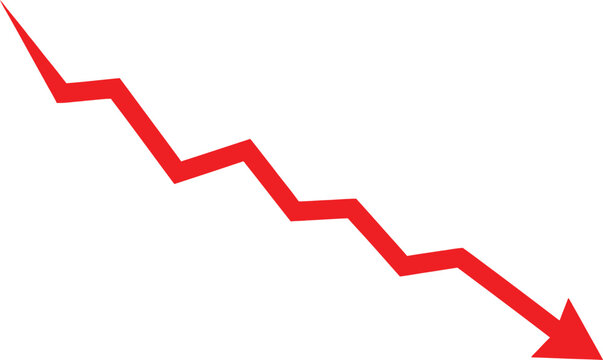 Red arrow pointing down showing a sharp decline in business growth or financial market performance