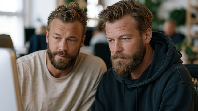 Senior developer and a junior colleague both staring at the same internal job posting on a shared monitor, workplace promotion politics implied by the subtle tension in their body