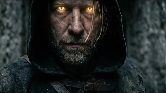 Hooded man with glowing eyes in dark stone corridor