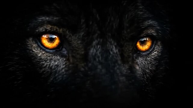 Black wolf face with glowing orange eyes.