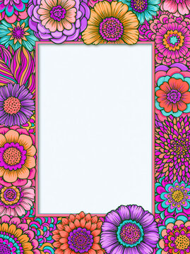 Colorful floral border frame with vibrant hand drawn flower pattern