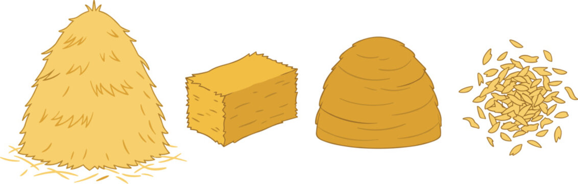 Agriculture farm straw harvesting elements vector illustration set featuring organic golden haystack rectangular hay bale traditional wheat stack pile and dry grains scatterings.