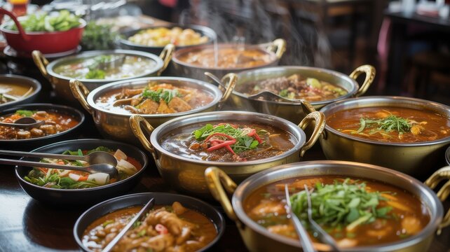 Assorted colorful food dishes arranged on a long wooden table with people eating