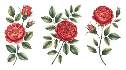 Fototapeta premium Four red roses with green leaves and stems in a decorative arrangement