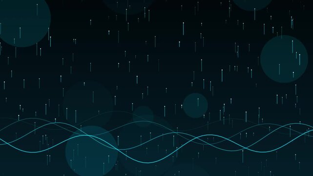 Abstract technology background animation featuring cyan matrix data lines falling over wavy neon curves and bokeh circles, perfect futuristic cyber network presentation seamless loop