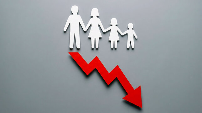 Demographic crisis concept with family paper cutouts, red declining arrow on grey background, falling birth rate and population decrease metaphor