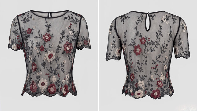 A sheer floral lace short sleeve blouse is shown from front and back, featuring scalloped edges, a keyhole neckline with button closure, and a fitted feminine silhouette