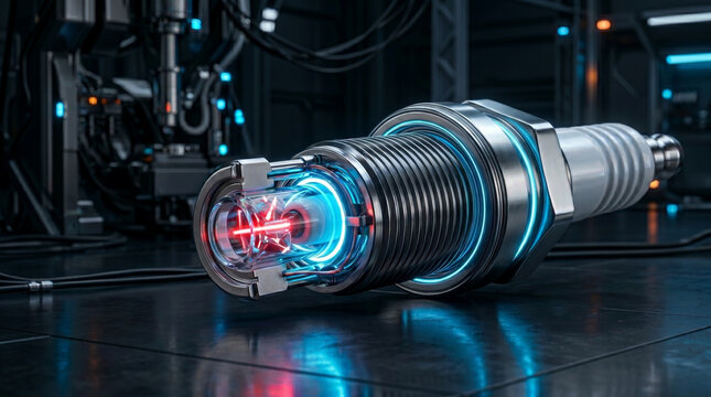 Sci-fi laser ignition spark plug firing red laser beam