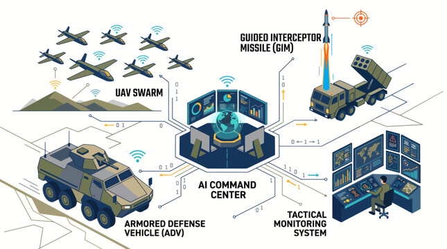 Modern Military Technology Ecosystem with AI Command Center, Armored Defense Vehicle, Tactical Monitoring System, UAV Drone Swarm, and Guided Interceptor Missile