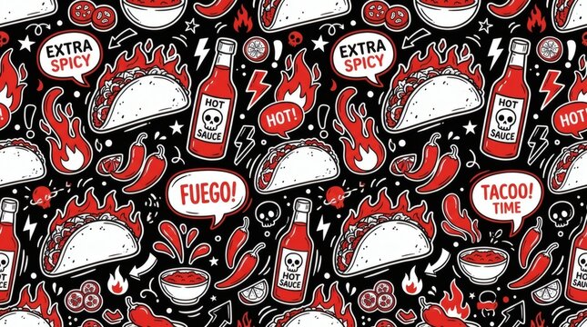 Hand-Drawn Spicy Food Seamless Pattern with Tacos, Hot Sauce Bottles, Chili Peppers, and Fiery Elements